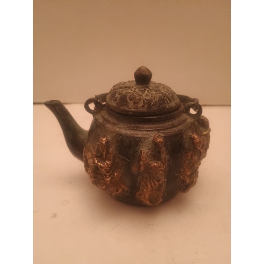 Antique/Vintage Chinese Figure On Small 4" Teapot Republic Period Heavy Cast...